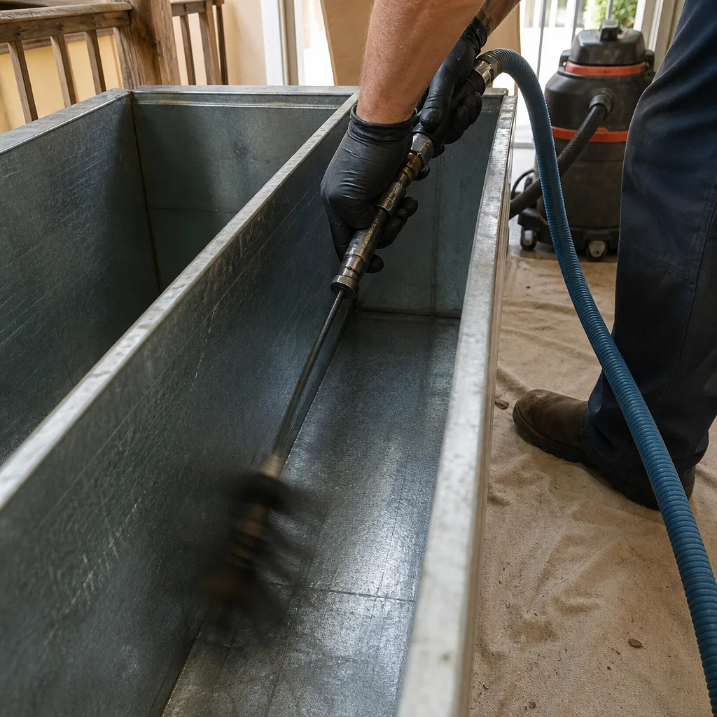 Technician using a rotating brush tool for professional air duct cleaning.