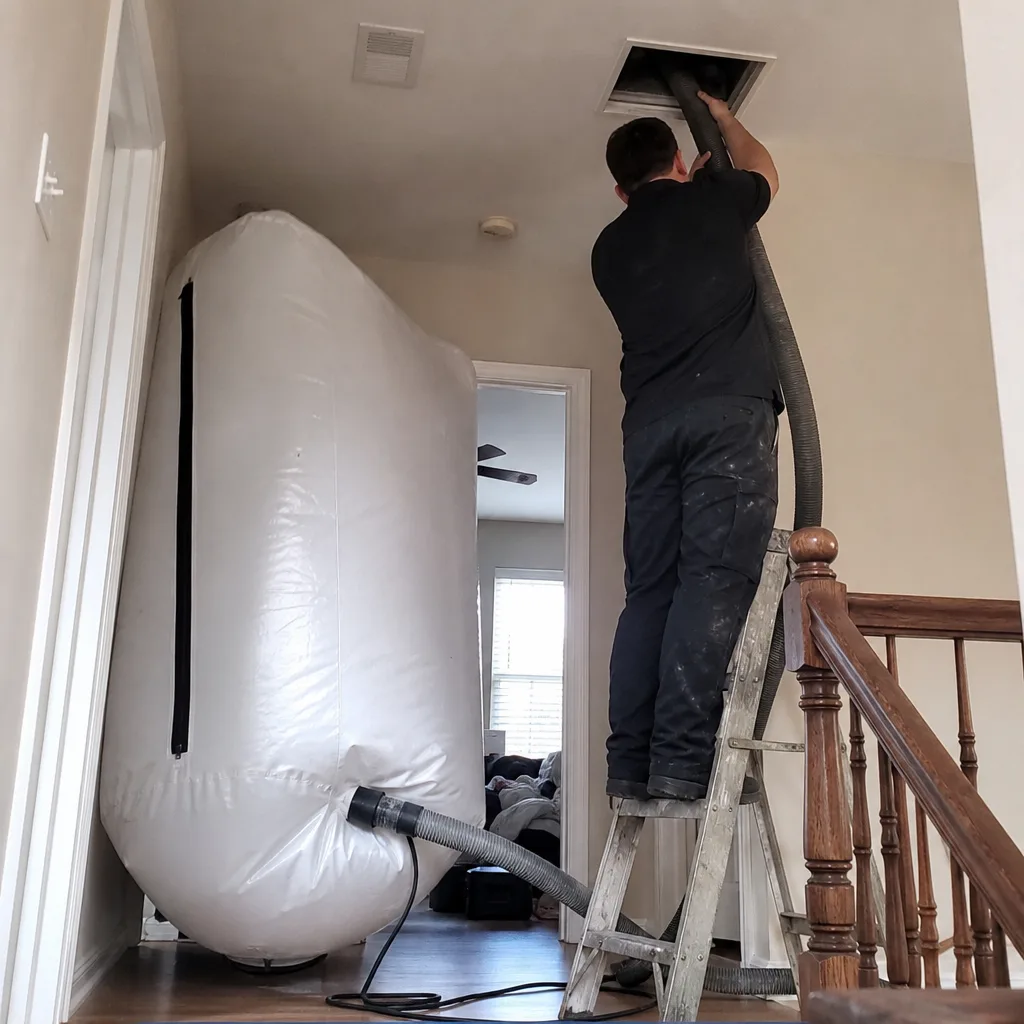 Technician performing residential air duct cleaning with industrial vacuum equipment