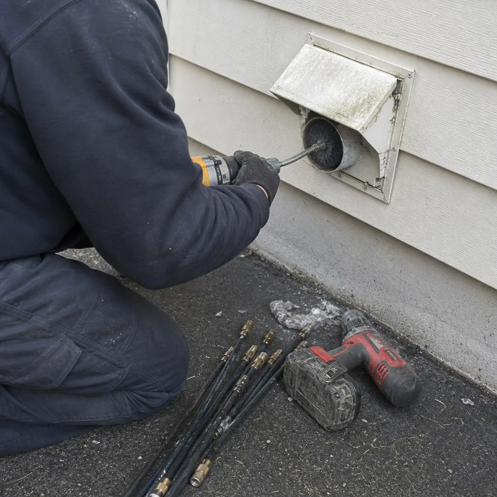 Technician using a rotating brush to clean a residential dryer vent.