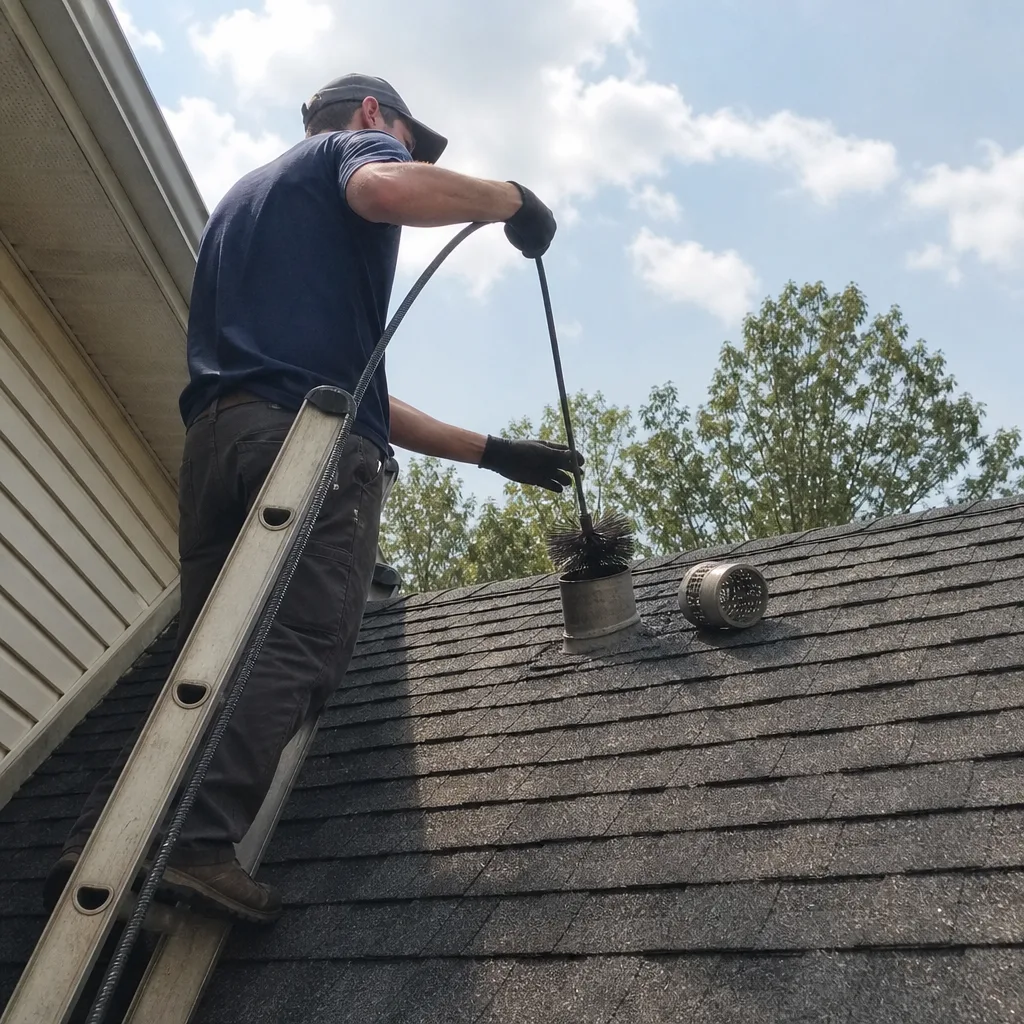 Professional technician performing dryer vent cleaning on a residential roof