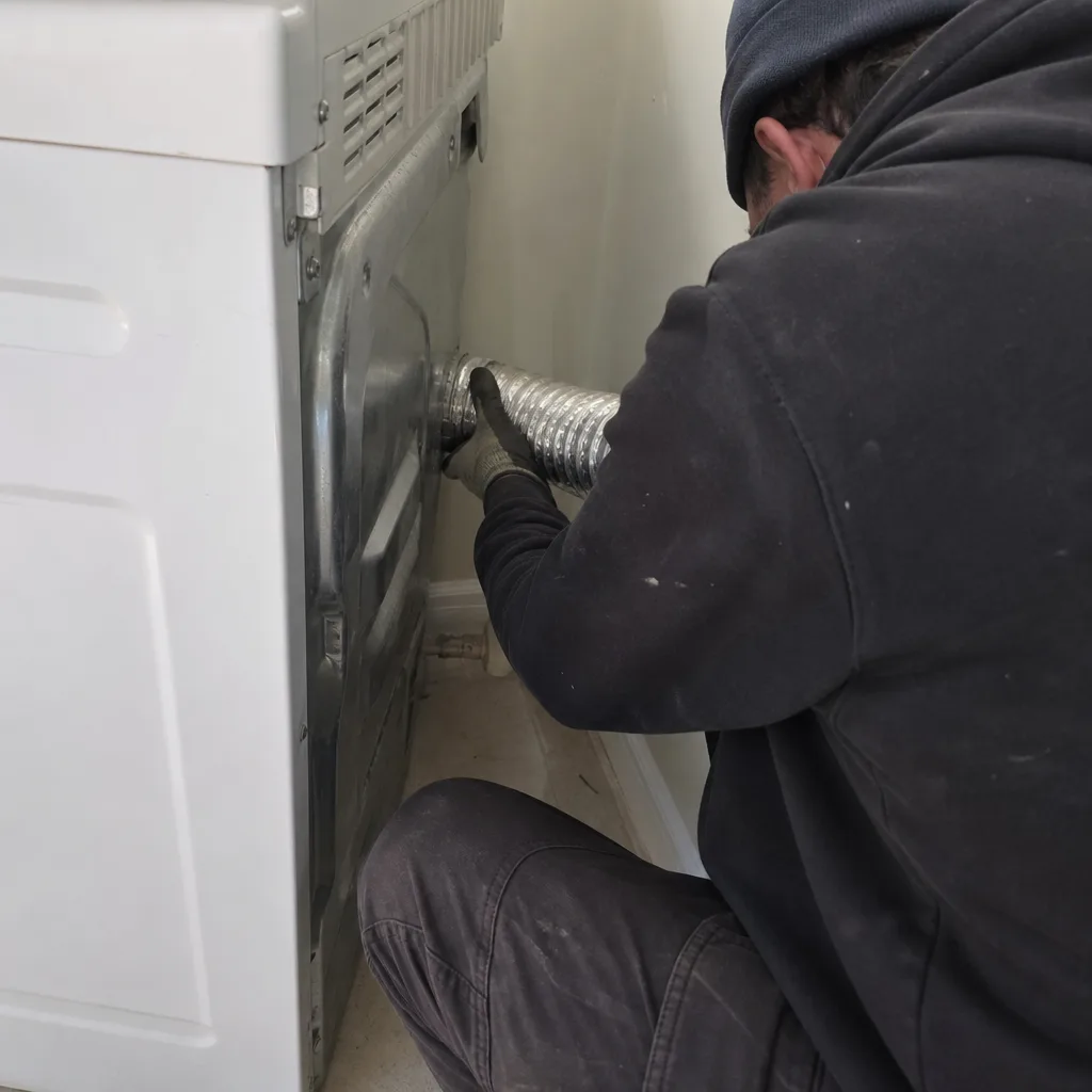 Professional technician performing dryer vent cleaning and maintenance service