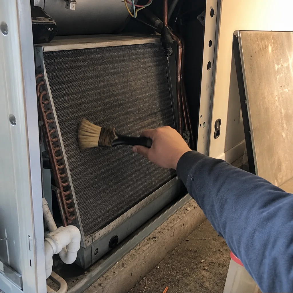 HVAC technician cleaning air conditioning unit coils with a brush