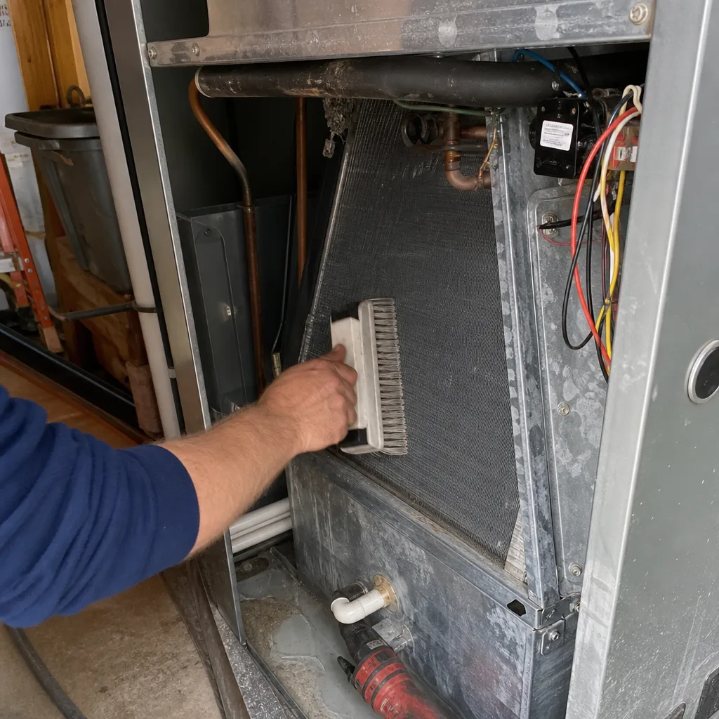 Technician cleaning HVAC evaporator coil with brush for better air quality