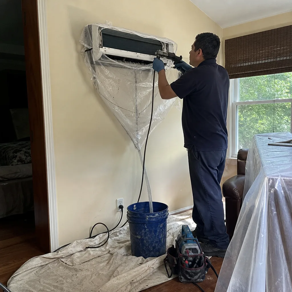 HVAC technician cleaning a wall-mounted ductless mini-split air conditioner